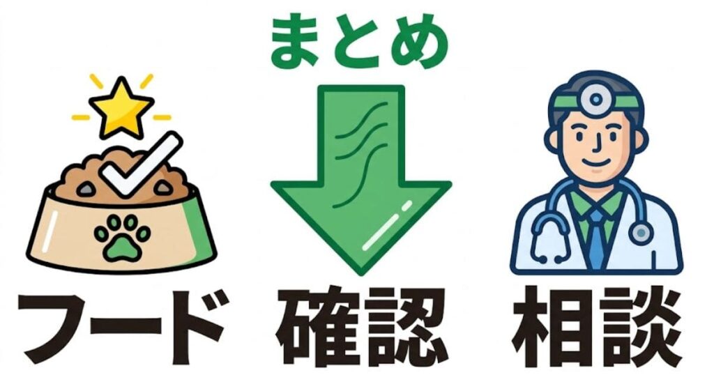 ペットの元気がない時の対策図解:フードの品質、原材料の確認、獣医への相談