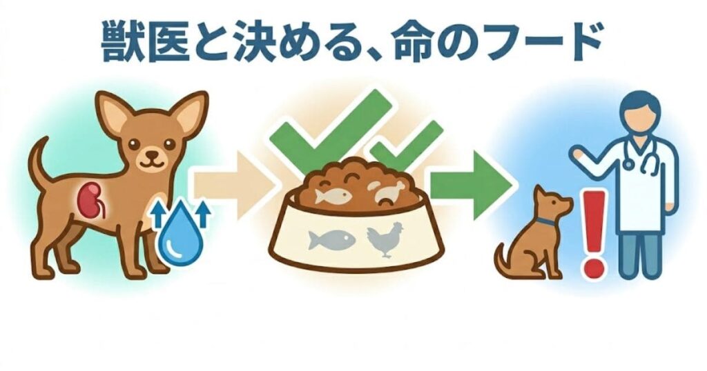 獣医と決める、命のフード。犬の腎臓ケアと食事の見直しを表現したインフォグラフィック。