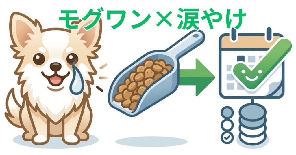 涙を流すチワワ、ドッグフード、カレンダーのイラストと「モグワン×涙やけ