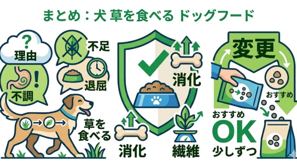 犬が草を食べる理由(不調・不足・退屈)と、対策としてのドッグフード選び(消化・繊維)や変更のポイントを3つの巨大なイラストでまとめたインフォグラフィック。