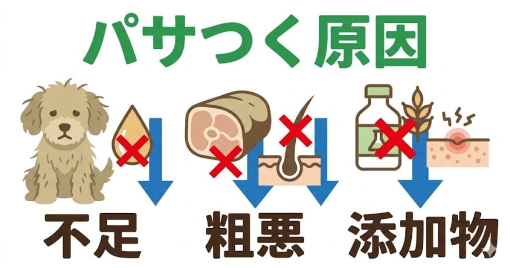 トイプードルの毛並みが悪くなる原因（脂肪酸不足、低品質なタンパク質、食品添加物・穀物の影響）を解説したイラスト図解