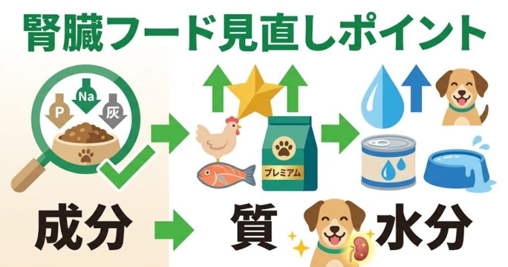 腎臓フード見直しポイント「成分」「質」「水分」の3つの要素を巨大なアイコンと文字で解説した図解イラスト。