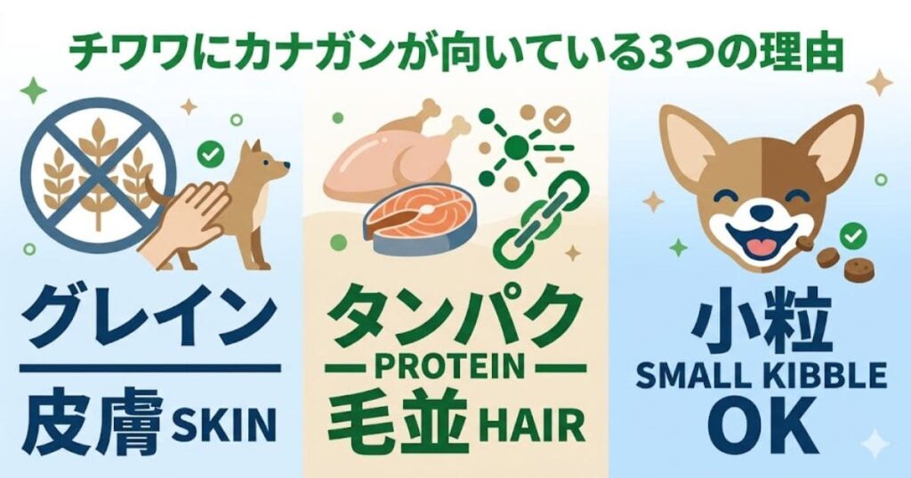 チワワにカナガンが向いている3つの理由（グレインフリー、タンパク質、小粒）の図解