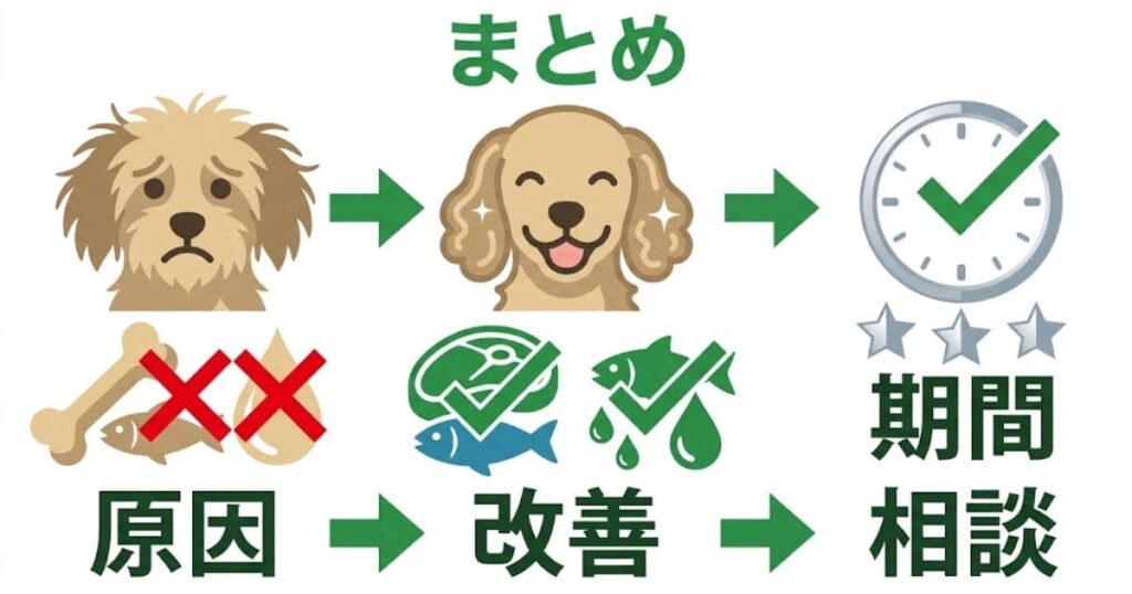 トイプードルの毛並みが悪くなる原因から、フードによる改善ポイント、効果が出るまでの期間をまとめたイラスト図解