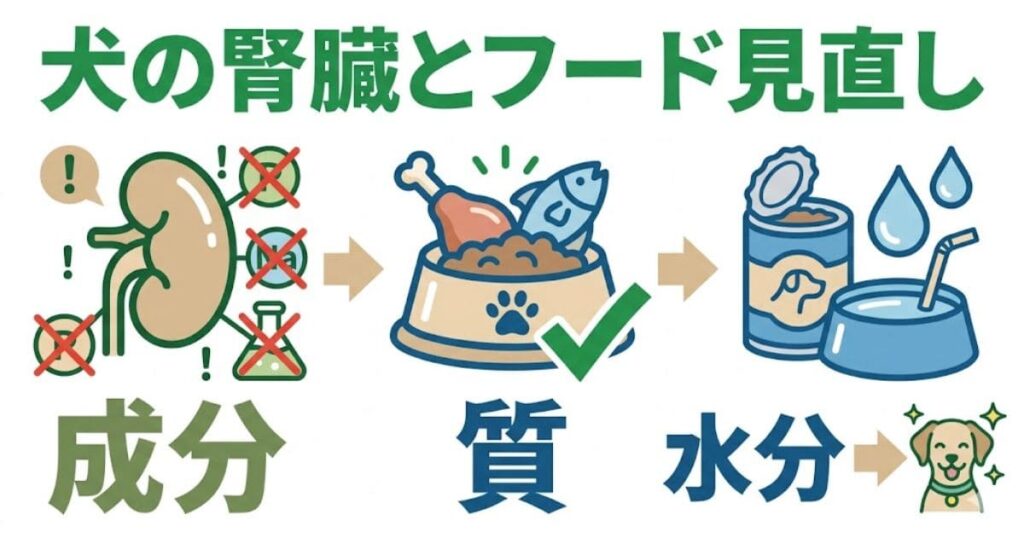 犬の腎臓とフード見直し。成分チェック、タンパク質の質、水分補給の3つの重要ポイントをまとめた図解イラスト。