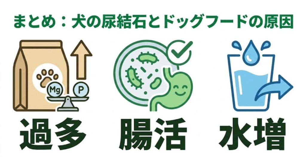 犬の尿結石とドッグフードの原因に関するまとめ図解。ミネラル「過過」、腸内環境を整える「腸活」、水分摂取を増やす「水増」の3つのポイントを、巨大なアイコンと2文字のキーワードで分かりやすくまとめたインフォグラフィック。