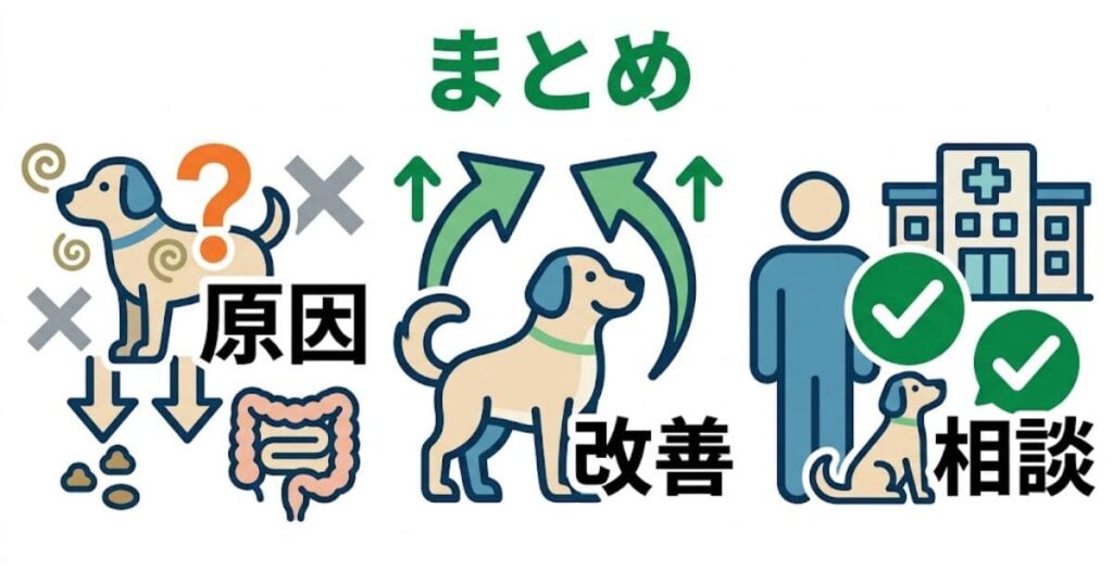 カナガンドッグフードによる愛犬の体臭・口臭改善のまとめ図解。「原因」「改善」「相談」の3ステップ。