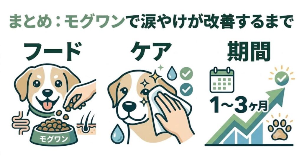 alt="モグワンで涙やけが改善するまでのまとめ。フード、ケア、1〜3ヶ月の期間という3つのポイントを表現したイラスト図解。"