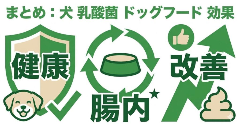 犬の乳酸菌入りドッグフードの効果のまとめ図解。「健康」「腸内」「改善」の3つの巨大なアイコンと単語で、腸内環境を整えて健康やうんちの調子を改善する効果を直感的に表現したインフォグラフィック。